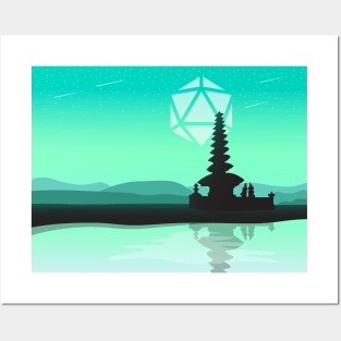 Pagoda Starry Night Polyhedral Dice Moon Shooting Star Posters and Art